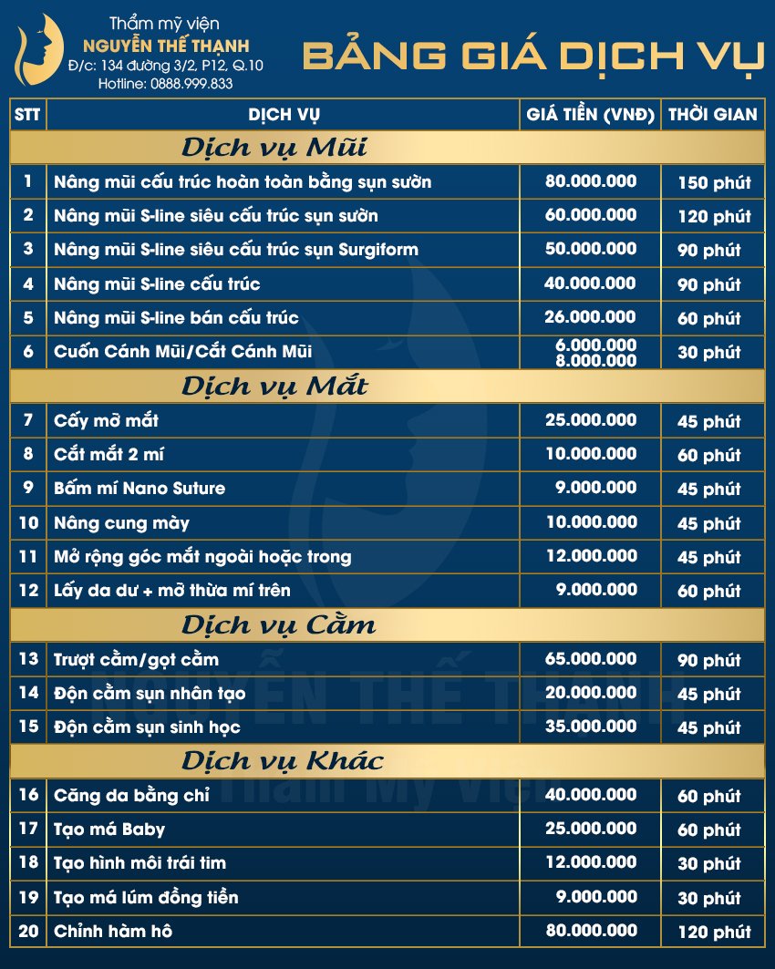 Bảng giá dịch vụ